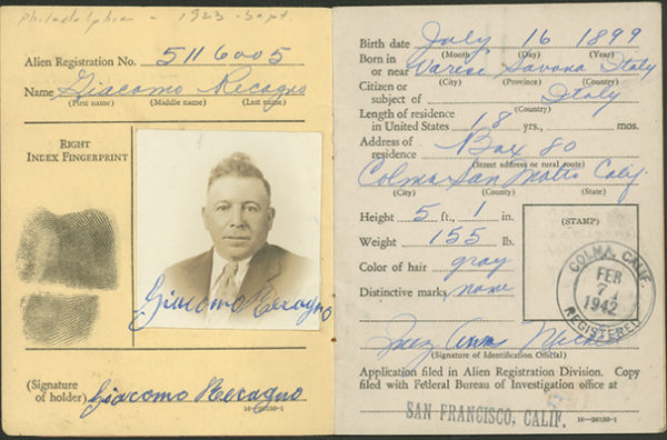 Alien Certificate of Identification of Giacomo Recagno