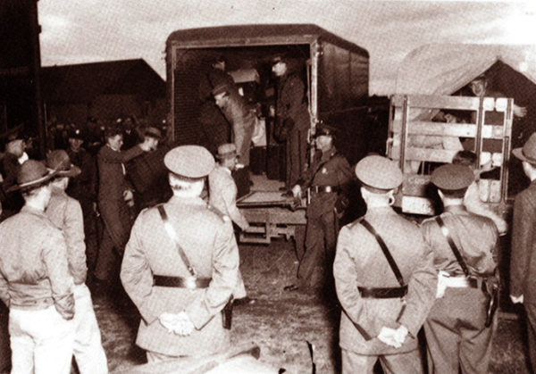 German internees from the West Coast arriving at Fort Lincoln alien internment camp in Bismarck, North Dakota, December 1941