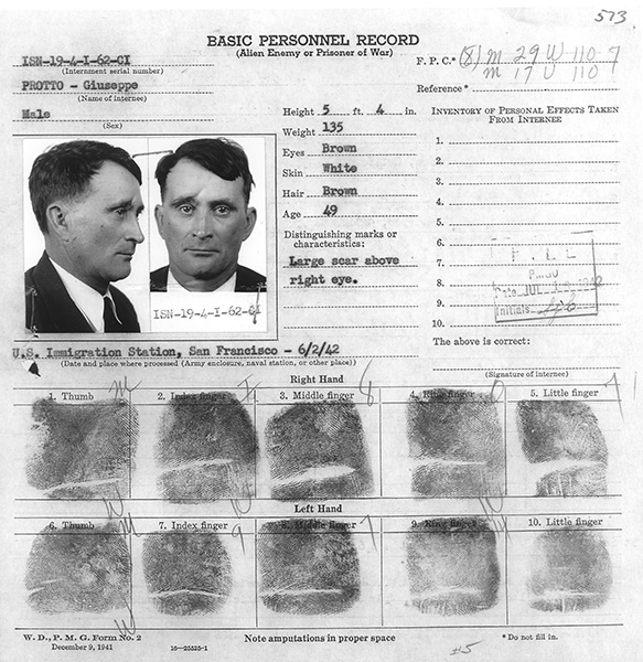 Giuseppe Protto's Basic Personnel Record, one of the forms generated by the Provost Marshal General's office for all “enemy alien” internees. June 2, 1941.