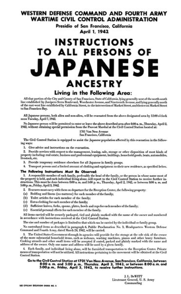 Instructions posted ordering all persons of Japanese ancestry to register and prepare only what they could carry for their forced removal
