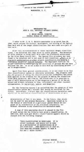 July 1943 memo from the office of the U.S. Attorney General to Assistant Attorney General Hugh B. Cox and FBI director J. Edgar Hoover invalidates the “Custodial Detention Index” of “potentially dangerous persons.”