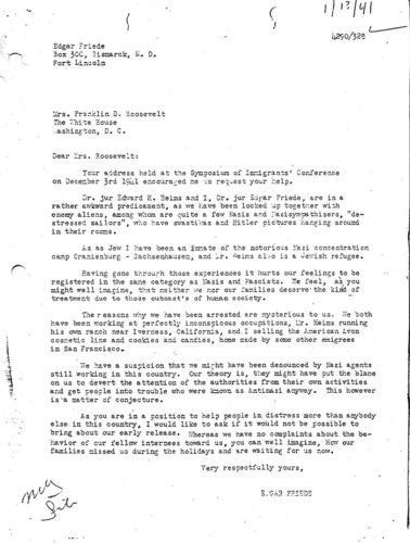 Letter from Edgar Friede asking Roosevelt for his and Dr. jur Edward H. Heims’ release January 1941