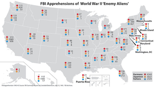 Map of FBI Apprehensions of WWII “Enemy Aliens,” 1943-45