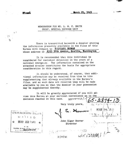 Memo from Hoover requesting that Wolfgang Thomas be considered for custodial detention