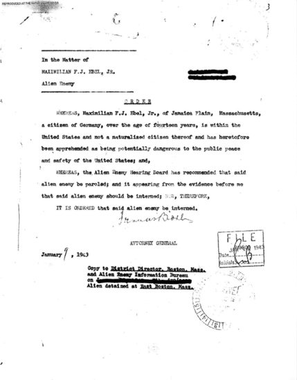 Internment order issued by AG to Max Ebel